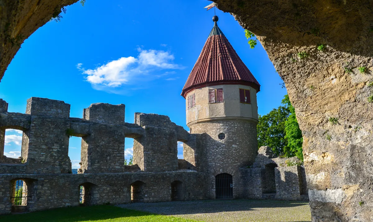 The Honberg castle ruins above Tuttlingen with their distinctive round tower
