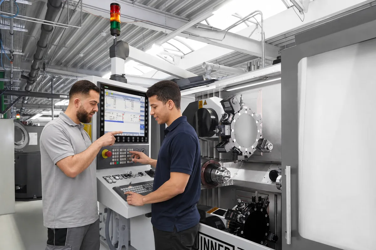 Zwei Mitarbeiter an der Steuerung eines CNC-Bearbeitungszentrums